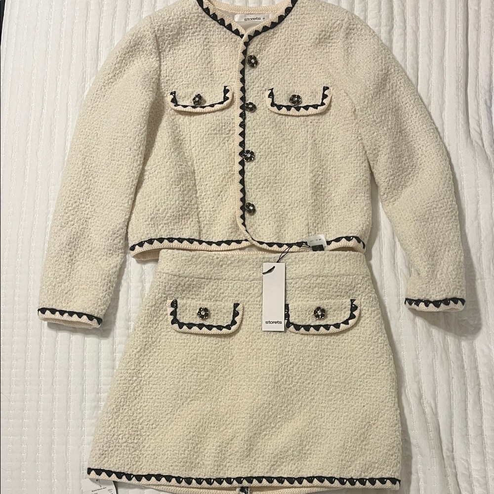 storets Cream Tweed Jacket and Skirt Set with Black Trim